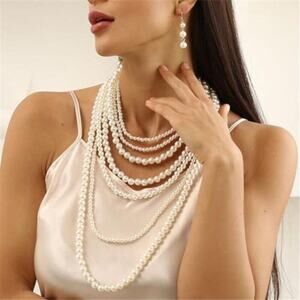 Long Lab Pearl Necklace Layered Pearls and Earrings Set Pearl Body Jewelry